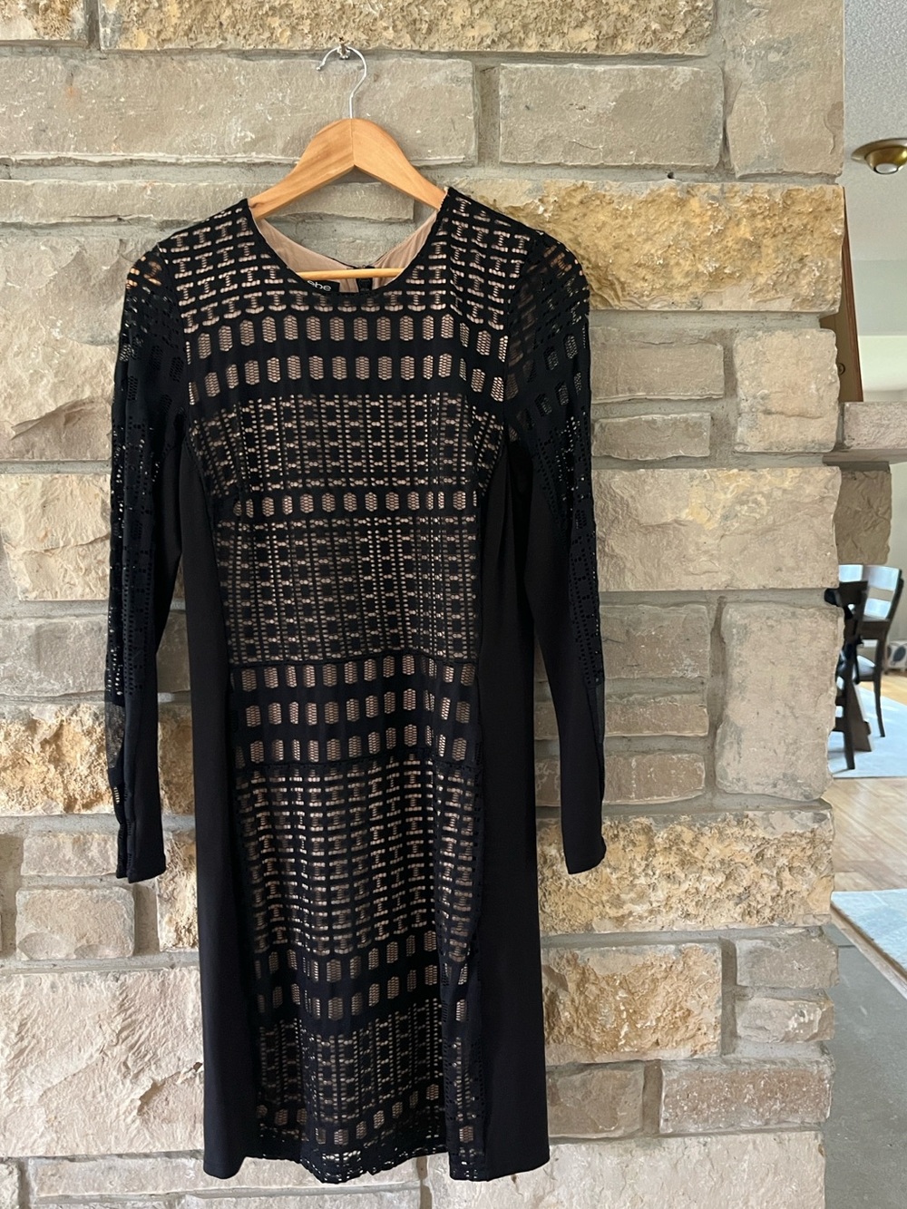 Bebe Black Long Sleeve Laser-Cut Shift Dress with Sheer Insets Size Large